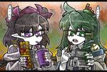  2girls bendy_straw black_hair black_neckwear blush_stickers commentary detached_sleeves drinking_straw eyebrows_visible_through_hair green_eyes green_hair green_nails hair_between_eyes hair_ornament hair_tubes hat heart himekaidou_hatate juliet_sleeves kochiya_sanae line_shading long_hair long_sleeves multiple_girls nail_polish phone pointy_ears puffy_sleeves purple_eyes purple_hat purple_nails sidelocks snake_hair_ornament spoken_ellipsis suenari_(peace) tokin_hat touhou twintails white_skin 