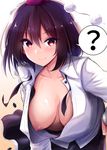  ? bangs black_hair black_skirt blush breasts brown_eyes buttons chipa_(arutana) closed_mouth collared_shirt commentary_request downblouse extended_downblouse eyebrows_visible_through_hair hair_between_eyes hand_on_hip hat large_breasts leaning_forward long_sleeves looking_at_viewer navel nipples no_bra pom_pom_(clothes) popped_button puffy_nipples shameimaru_aya shirt short_hair skirt smile solo spoken_question_mark tokin_hat touhou unbuttoned unbuttoned_shirt upper_body veiny_breasts wardrobe_malfunction white_shirt 