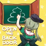  black_bow black_hat bow chalk chalkboard door dress english facing_away frills from_behind green_dress green_hair hat left-handed poop pote_(ptkan) puffy_short_sleeves puffy_sleeves short_hair_with_long_locks short_sleeves solo star starry_background tate_eboshi teireida_mai touhou yellow_background 
