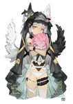  animal_ears bangs black_wings bouquet commentary_request cropped_legs dated flower garter_belt grey_background grey_hair hair_between_eyes holding holding_bouquet looking_at_viewer object_hug original panties pink_eyes rayvon sidelocks simple_background single_thighhigh solo tareme thighhighs underwear veil white_legwear white_panties white_wings wings 