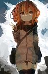  absurdres bag bangs brown_eyes brown_hair cloud cowboy_shot highres ikazuchi_(kantai_collection) jacket kaamin_(mariarose753) kantai_collection looking_at_viewer messenger_bag no_pants short_hair shoulder_bag sky smile solo standing thighhighs v 