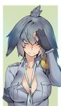  bangs between_breasts black_gloves blush breast_pocket breasts closed_mouth collarbone collared_shirt embarrassed fingerless_gloves gloves green_eyes grey_hair grey_shirt hair_between_eyes hand_on_own_head hand_up harabacho_(gkfkqkch1) kemono_friends large_breasts long_hair long_sleeves looking_at_viewer low_ponytail multicolored_hair necktie necktie_between_breasts nose_blush orange_hair partially_unbuttoned pocket shirt shoebill_(kemono_friends) short_over_long_sleeves short_sleeves side_ponytail solo upper_body 