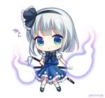  black_bow black_hairband blue_eyes blush bow chibi dated eyebrows_visible_through_hair full_body hairband konpaku_youmu looking_at_viewer parted_lips sheath sheathed short_hair silver_hair solo sword touhou weapon yamayu 