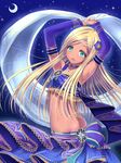  anklet aqua_eyes arabian_clothes arms_up bandeau blonde_hair bracelet dancer dark_skin flat_chest harem_outfit highres idolmaster idolmaster_cinderella_girls idolmaster_cinderella_girls_starlight_stage jewelry layla_(idolmaster) long_hair looking_at_viewer navel open_mouth smile solo u2_(5798239) 