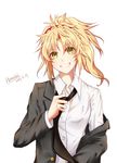  2017 artist_name black_jacket black_neckwear blonde_hair dated dress_shirt eyebrows_visible_through_hair fate/apocrypha fate_(series) green_eyes grin hair_ornament head_tilt highres jacket long_hair mordred_(fate) mordred_(fate)_(all) necktie off_shoulder open_mouth ponytail qingmingyanhua shirt simple_background smile solo upper_body white_background white_shirt 