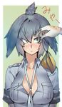  bangs between_breasts blush breast_pocket breasts chromatic_aberration closed_mouth collared_shirt green_eyes grey_hair grey_shirt hair_between_eyes hair_lift harabacho_(gkfkqkch1) kemono_friends large_breasts long_hair looking_to_the_side low_ponytail multicolored_hair necktie necktie_between_breasts nose_blush orange_hair partially_unbuttoned pocket shirt shoebill_(kemono_friends) short_sleeves side_ponytail solo_focus upper_body white_neckwear 