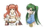  armor athenawyrm blush cape celica_(fire_emblem) commentary fire_emblem fire_emblem:_rekka_no_ken fire_emblem_echoes:_mou_hitori_no_eiyuuou fire_emblem_heroes green_eyes green_hair hairband high_ponytail long_hair looking_at_viewer lyndis_(fire_emblem) multiple_girls red_eyes red_hair smile tiara twintails 