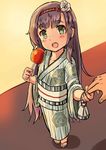  bag blush_stickers candy_apple eyebrows_visible_through_hair flower food freckles from_above green_eyes hair_flower hair_ornament hairband handbag highres holding_hands japanese_clothes jpeg_artifacts kantai_collection kimono long_hair looking_at_viewer looking_up matsuwa_(kantai_collection) open_mouth out_of_frame purple_hair sandals solo_focus soushou_nin two-tone_background wide_sleeves yukata 