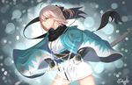  ahoge black_scarf bow edelweiss_(wsparkz) fate/grand_order fate_(series) hair_bow haori highres japanese_clothes katana kimono okita_souji_(fate) okita_souji_(fate)_(all) scarf short_kimono sword thighhighs weapon white_kimono 