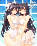  animal_ears ass ass_visible_through_thighs atago_(azur_lane) azur_lane bangs bikini black_hair bow breast_press breasts brown_eyes casual_one-piece_swimsuit cleavage criss-cross_halter hair_bow hair_flaps halterneck large_breasts long_hair looking_at_viewer mole mole_under_eye multiple_girls navel nishimata_aoi one-piece_swimsuit ponytail sarong swept_bangs swimsuit symmetrical_docking takao_(azur_lane) white_bikini white_bow white_swimsuit wolf_ears 