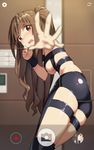  ass blurry blush breasts brown_eyes brown_hair camera cloba depth_of_field eyebrows_visible_through_hair half_updo highres hot_limit idolmaster idolmaster_cinderella_girls long_hair looking_at_viewer medium_breasts one_side_up open_mouth revealing_clothes shibuya_rin shimamura_uzuki skindentation t.m.revolution taking_picture underboob wristband 