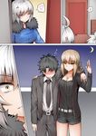  2girls ahoge anger_vein artoria_pendragon_(all) black_hair blonde_hair blush breasts carrying cleavage comic commentary crescent_moon doorbell drunk eyebrows_visible_through_hair fate/grand_order fate_(series) fujimaru_ritsuka_(male) fur_trim ginhaha jeanne_d'arc_(alter)_(fate) jeanne_d'arc_(fate)_(all) jewelry long_hair medium_breasts moon multiple_boys multiple_girls necklace necktie ponytail saber_alter short_hair shoulder_support silent_comic silver_hair wicked_dragon_witch_ver._shinjuku_1999 yellow_eyes 
