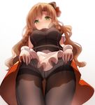 ass_visible_through_thighs bangs bison_cangshu black_legwear blurry blush brown_hair closed_mouth curly_hair depth_of_field eyebrows_visible_through_hair fn-49_(girls_frontline) from_below garrison_cap girls_frontline green_eyes half-closed_eyes hat long_hair looking_at_viewer mini_hat pantyhose parted_bangs ringlets simple_background solo thigh_gap thighband_pantyhose thighs white_background 