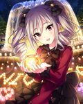  artist_request bow candle drill_hair eyelashes fountain frills gothic_lolita grey_hair hair_between_eyes hair_bow holding idolmaster idolmaster_cinderella_girls kanzaki_ranko lolita_fashion long_hair looking_at_viewer night official_art open_mouth outdoors red_eyes smile solo tree twin_drills twintails 