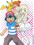  2girls black_hair blonde_hair gen_1_pokemon holding holding_poke_ball kasumi_(pokemon) lillie_(pokemon) multiple_girls orange_hair pikachu poke_ball pokemon pokemon_(anime) pokemon_(creature) pokemon_sm_(anime) satoshi_(pokemon) sidselc 