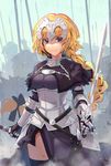  armor armored_dress black_bow black_dress black_legwear blonde_hair blue_eyes bow braid chain cowboy_shot day dress eyebrows_visible_through_hair fate/apocrypha fate_(series) floating_hair gauntlets hair_bow highres holding holding_sword holding_weapon jeanne_d'arc_(fate) jeanne_d'arc_(fate)_(all) long_hair looking_at_viewer outdoors single_braid smile solo srx61800 standing sword thighhighs very_long_hair weapon 