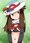  blue_(pokemon) cosplay elbow_gloves gradient gradient_background hainchu navel nintendo ookido_green pokemon pokemon_(anime) pokemon_(game) pokemon_frlg team_rocket team_rocket_(cosplay) 