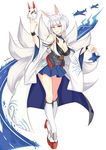  absurdres aircraft airplane animal_ears artist_name azur_lane bangs blue_eyes blue_skirt breasts cleavage fox_ears fox_mask fox_tail full_body highres japanese_clothes kaga_(azur_lane) kneehighs large_breasts looking_at_viewer mask multiple_tails platform_footwear short_hair skirt smile solo standing tail white_hair white_legwear wristband zedxxx 