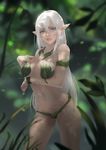  alleyne_(queen's_blade) armband blue_eyes blurry blurry_background breast_hold breasts cglas dappled_sunlight elf forest grass large_breasts leaf_bikini leaf_bra leaf_panties leaf_print long_hair looking_at_viewer nature navel outdoors panties parted_lips pointy_ears print_panties queen's_blade solo standing sunlight underwear very_long_hair white_hair 