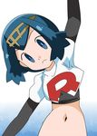  1girl alternate_costume blue_eyes blue_hair elbow_gloves hainchu hairband midriff navel pokemon pokemon_(anime) pokemon_sm_(anime) short_hair suiren_(pokemon) team_rocket team_rocket_(cosplay) 