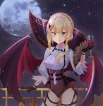  absurdres ass_visible_through_thighs black_gloves blonde_hair blush braid breasts closed_mouth cloud collared_shirt cup cupping_glass demon_wings drinking_glass eyebrows_visible_through_hair fang_out full_moon girls_frontline gloves hair_ornament hair_over_shoulder hairclip highres holding holding_cup long_sleeves looking_at_viewer low_ponytail medium_breasts moon night outdoors shirt sky smile solo ssogari standing star_(sky) v-shaped_eyebrows welrod_mk2_(girls_frontline) white_shirt wine_glass wing_collar wings 