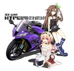  bare_shoulders blonde_hair bow breasts brown_hair compa green_eyes ground_vehicle hair_bow hair_ornament highres if_(choujigen_game_neptune) long_hair looking_at_viewer medium_breasts motor_vehicle motorcycle multiple_girls neptune_(series) ribbon smile zero_(ray_0805) 