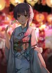  bad_id bad_pixiv_id blue_kimono brown_eyes brown_hair closed_mouth commentary_request festival floral_print flower food hair_flower hair_ornament holding holding_food japanese_clothes jiayue_wu kimono koe_no_katachi long_hair looking_at_viewer nishimiya_shouko sash smile solo white_flower 