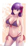  ass_visible_through_thighs bangs bikini bow breasts collarbone commentary cowboy_shot fate/stay_night fate_(series) groin hair_bow halter_top halterneck highleg highleg_bikini large_breasts long_hair looking_at_viewer matou_sakura navel parted_lips purple_bikini purple_eyes purple_hair red_bow senasky side-tie_bikini solo stomach swimsuit 
