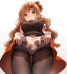  ass_visible_through_thighs bangs bison_cangshu black_legwear blush brown_hair closed_mouth curly_hair eyebrows_visible_through_hair fn-49_(girls_frontline) from_below garrison_cap girls_frontline green_eyes half-closed_eyes hat long_hair looking_at_viewer mini_hat pantyhose parted_bangs ringlets simple_background solo thigh_gap thighband_pantyhose thighs white_background 