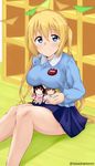  bangs banned_artist blend_s blonde_hair blue_eyes blue_shirt blue_skirt blush breasts character_doll closed_mouth collared_shirt commentary_request doll eyebrows_visible_through_hair hair_between_eyes hinata_kaho holding holding_doll hoshikawa_mafuyu indoors kindergarten_uniform knees_together_feet_apart large_breasts long_hair looking_at_viewer on_floor pennant pleated_skirt sakuranomiya_maika shirt shoe_locker sidelocks sitting skirt smile solo string_of_flags tasora twintails twitter_username very_long_hair 