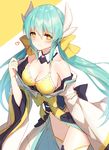  aqua_hair bikini bison_cangshu blush breasts cleavage fate/grand_order fate_(series) heart horns japanese_clothes kimono kiyohime_(fate/grand_order) kiyohime_(swimsuit_lancer)_(fate) long_hair looking_at_viewer medium_breasts smile solo swimsuit white_legwear yellow_bikini yellow_eyes 