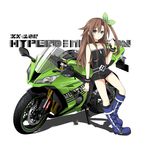  bare_shoulders bow brown_hair green_eyes ground_vehicle hair_bow hair_ornament highres if_(choujigen_game_neptune) long_hair looking_at_viewer motor_vehicle motorcycle neptune_(series) ribbon solo zero_(ray_0805) 
