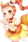  animal_ears aoi_itou arisugawa_himari artist_name brown_eyes brown_hair cake_hair_ornament choker closed_mouth collarbone cowboy_shot cure_custard elbow_gloves extra_ears food_themed_hair_ornament gloves hair_ornament highres kirakira_precure_a_la_mode looking_at_viewer magical_girl paw_pose ponytail precure red_neckwear short_hair simple_background skirt smile solo squirrel_ears squirrel_tail tail white_background white_gloves yellow_skirt 