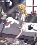  alcohol alternate_costume animal barefoot bed bed_sheet black_cat blonde_hair bloomers blue_eyes book book_stack bottle braid cat collarbone commentary cup curtains drinking feet fly_agaric full_body hair_between_eyes hat highres indoors inuno_rakugaki kirisame_marisa mary_janes messy_hair morning mug mushroom nail_polish on_bed pillow sake_bottle shoes shoes_removed side_braid sitting soda_bottle soles solo strap_slip toes touhou underwear waking_up window witch_hat 