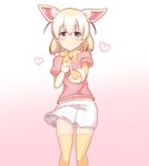  absurdres animal_ears belly_peek black_hair blonde_hair blush bow brown_eyes closed_mouth extra_ears eyebrows_visible_through_hair fennec_(kemono_friends) fox_ears fox_tail hair_between_eyes heart highres index_finger_raised kemono_friends koi_dance looking_at_viewer multicolored_hair navel outline pink_sweater pleated_skirt puffy_short_sleeves puffy_sleeves short_sleeve_sweater short_sleeves skirt smile solo ssogari standing sweatdrop sweater tail thighhighs two-tone_background white_skirt yellow_bow yellow_legwear 