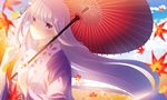  blush emilia_(re:zero) kimono long_hair parasol smile violet_eyes white_hair 
