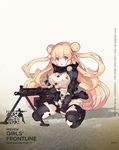  :o belt bipod black_legwear blonde_hair breasts brown_background brown_gloves character_name chestnut_mouth cleavage copyright_name damaged double_bun elbow_gloves girls_frontline gloves gradient gradient_background gun highres hk23 hk23_(girls_frontline) holster jacket large_breasts long_hair long_sleeves looking_at_viewer machine_gun miniskirt official_art open_mouth purple_eyes rain_lan seiza shadow sitting skirt sleeves_past_wrists solo tareme thigh_holster thighhighs torn_clothes torn_legwear torn_skirt very_long_hair weapon zettai_ryouiki 