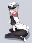  armedshipyard ass black_legwear blonde_hair bow bowtie breasts bunny_tail bunnysuit capelet celtic_knot graf_zeppelin_(kantai_collection) grey_background grey_eyes hair_between_eyes hat high_heels kantai_collection large_breasts leotard military_hat open_mouth pantyhose peaked_cap sitting strapless strapless_leotard tail twintails wariza white_hat white_leotard wrist_cuffs 