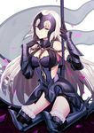  armor armored_boots bangs black_gloves black_legwear boots breasts chain commentary elbow_gloves eyebrows_visible_through_hair fate/grand_order fate_(series) faulds fur_trim gloves grey_hair high_heel_boots high_heels highres jeanne_d'arc_(alter)_(fate) jeanne_d'arc_(fate)_(all) kneeling long_hair medium_breasts parted_lips petals platinum_blonde_hair ririko_(zhuoyandesailaer) smile solo standard_bearer thighhighs vambraces very_long_hair white_hair yellow_eyes 