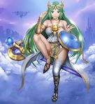  bad_id bad_pixiv_id bare_shoulders breasts collarbone eyebrows green_eyes green_hair kid_icarus large_breasts looking_at_viewer palutena shijima_(tanfn) sitting solo super_smash_bros. thick_thighs thighhighs thighs white_legwear 