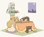  animal_ears blake_belladonna book bowl broken_moon cat_ears commentary drooling kotatsu moon multiple_girls nica_(koblf) ruby_rose rwby scar scar_across_eye sleeping snoring steam table tray weiss_schnee welsh_corgi window yang_xiao_long zwei_(rwby) 