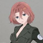  akagi_(fmttps) artist_name azumi_(girls_und_panzer) bad_id bad_twitter_id blue_eyes colored_eyelashes emblem eyebrows_visible_through_hair girls_und_panzer grey_background hair_between_eyes military military_uniform parted_lips pink_lips selection_university_(emblem) selection_university_military_uniform short_hair twitter_username uniform 