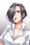  black-framed_eyewear black_hair breasts brown_eyes collarbone commentary_request cowboy_shot food food_in_mouth hair_over_one_eye highres ishii_takuma looking_at_viewer medium_breasts mouth_hold original pocky pocky_day shirt short_hair solo white_shirt 