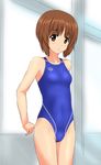  arena_(company) arms_behind_back blue_swimsuit breasts brown_eyes brown_hair competition_swimsuit cowboy_shot girls_und_panzer highres logo looking_at_viewer nishizumi_miho one-piece_swimsuit parted_lips short_hair small_breasts solo standing swimsuit takafumi window 
