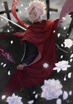  2017 amakusa_shirou_(fate) black_jacket black_pants cape dated earrings fate/apocrypha fate_(series) flower from_behind heri_(sniper579) highres holding holding_sword holding_weapon jacket jewelry looking_at_viewer male_focus pants petals red_cape signature silver_hair smile solo spiked_hair standing sword weapon white_flower yellow_eyes 
