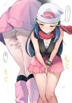  1girl ass bad_id bad_pixiv_id bare_arms beanie blue_eyes blue_hair blush breasts cleavage commentary_request covering covering_crotch half-closed_eyes hat have_to_pee highres hikari_(pokemon) kurutsuki leaning_forward long_hair looking_to_the_side multiple_views panties pantyshot pantyshot_(standing) pink_skirt pokemon pokemon_(game) pokemon_dppt red_scarf scarf simple_background skirt sleeveless small_breasts speech_bubble standing sweat text_focus translated underwear white_background white_panties 