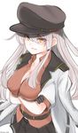  1girl black_gloves breasts commentary crossed_arms facial_scar gangut_(kantai_collection) gloves grey_hair hair_between_eyes hair_ornament hairclip hat highres jacket jacket_on_shoulders kantai_collection large_breasts long_hair looking_at_viewer military military_hat military_jacket military_uniform naval_uniform open_clothes open_jacket open_mouth peaked_cap red_eyes red_shirt remodel_(kantai_collection) scar scar_on_cheek shirt solo uniform 