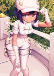  aether_foundation_employee aether_foundation_uniform allen_(makaroll) black_hair blush breasts bush cabbie_hat closed_mouth colored_eyelashes dark_skin elbow_gloves fence gloves half-closed_eyes hand_on_headwear hat hat_tip holster knees_together_feet_apart leaf leaning_forward looking_at_viewer medium_breasts outdoors pantyhose pocket pokemon pokemon_(game) pokemon_sm pouch revision short_hair short_sleeves smile solo standing thigh_holster thigh_strap uniform white_gloves white_legwear yellow_eyes 