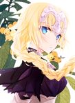  bangs blonde_hair blue_eyes braid capelet commentary_request fate/apocrypha fate_(series) from_side headpiece jeanne_d'arc_(fate) jeanne_d'arc_(fate)_(all) long_hair looking_at_viewer looking_to_the_side parted_lips single_braid solo tsukimori_usako upper_body 