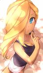 bare_arms bare_shoulders blonde_hair blue_eyes breasts candy cleavage dark_skin food foreshortening hair_over_one_eye highres inazuma_eleven_(series) lollipop long_hair medium_breasts mouth_hold outdoors purple_shirt reiza sekina shirt solo standing white_legwear 